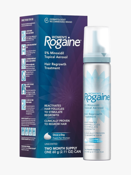 Rogaine Minoxidil 5% Hair Growth Foam in branded component on a light gray background